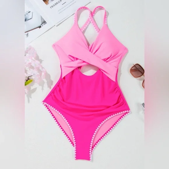 Pink Rose Red Ric Rac Trim Contrasted Cutout One Piece Swimsuit size 16 - Picture 5 of 11